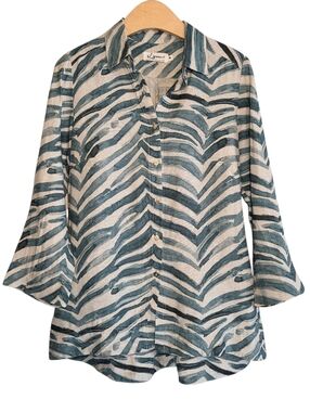 ILinen Teal Zebra Print Button Front Linen Top Work Office Career Sz M